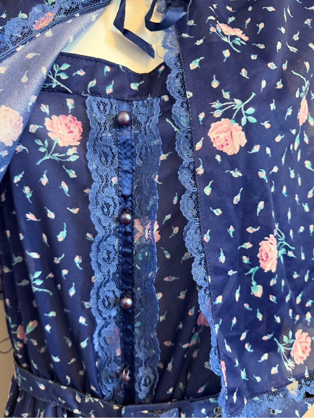 Sears Vintage Floral Lace Sheer Capelet Sundress Belted Navy Blue M - Picture 4 of 8
